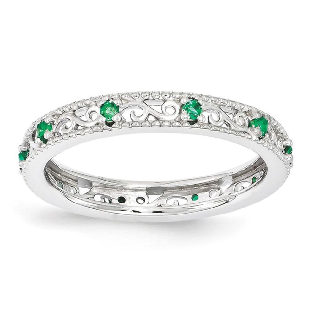 3mm Sterling Silver Stackable Created Emerald Scroll Band Size 10